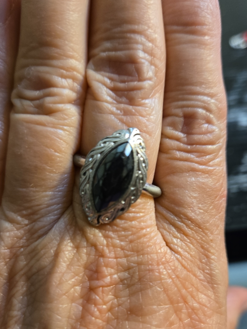 Sterling Silver Marquise Black Stone Ring